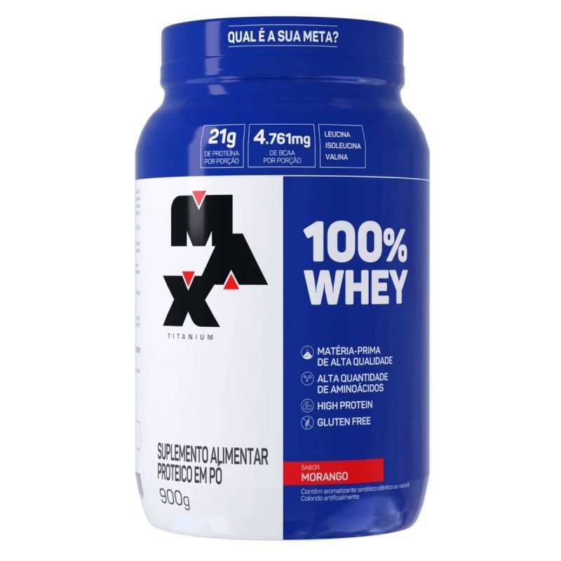 100% WHEY PROTEIN POTE 900G MORANGO MAX TITANIUM