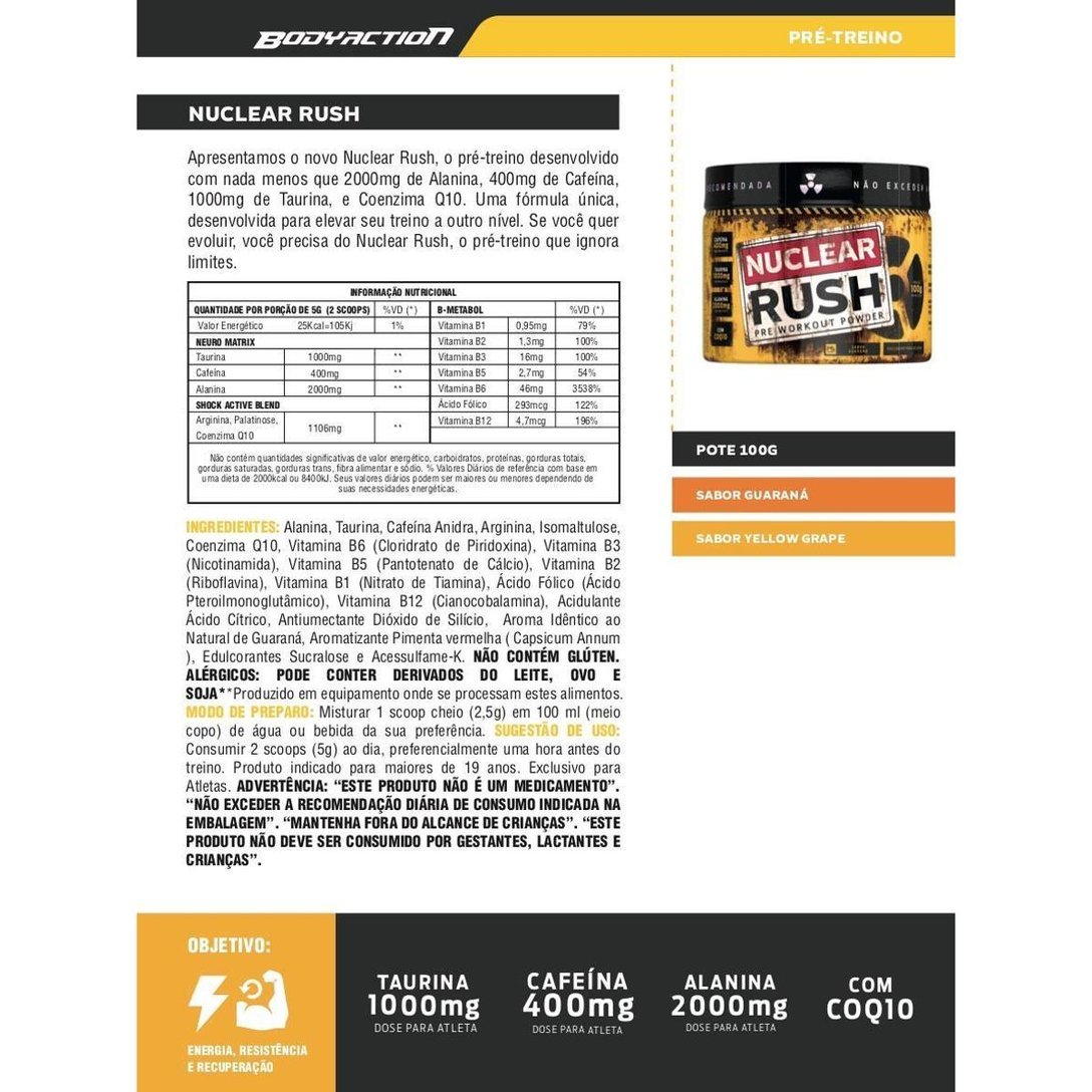 PRÉ TREINO NUCLEAR RUSH 100G - GUARANA BODY ACTION