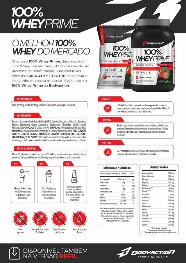 100% WHEY PRIME 900G MORANGO BODY ACTION