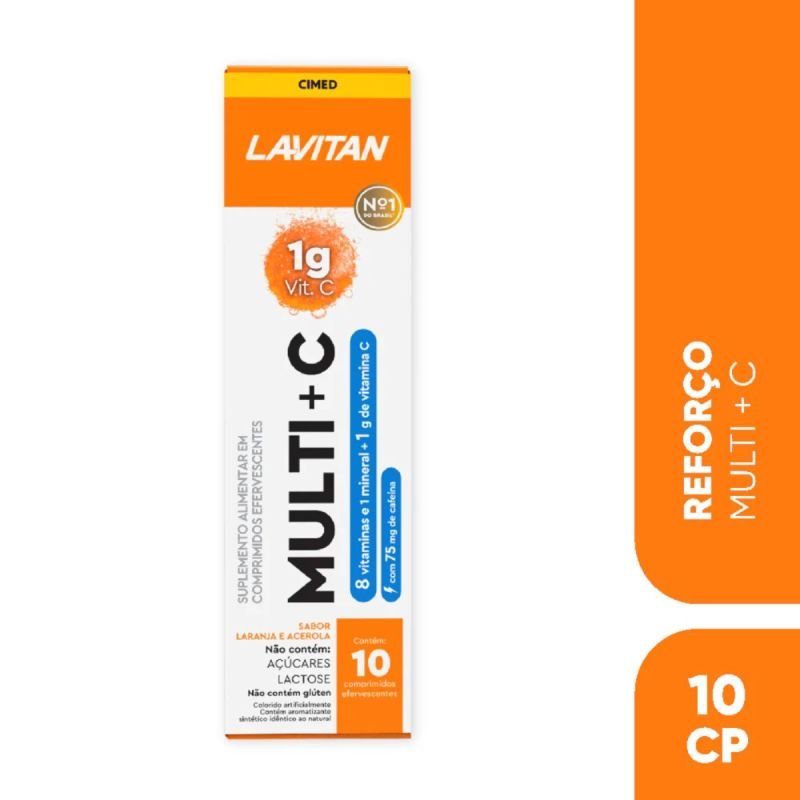 Lavitan Multi + Vitamina C Sabor Laranja com Acerola Com Cafeína 10 Comprimidos Efervescentes Cimed