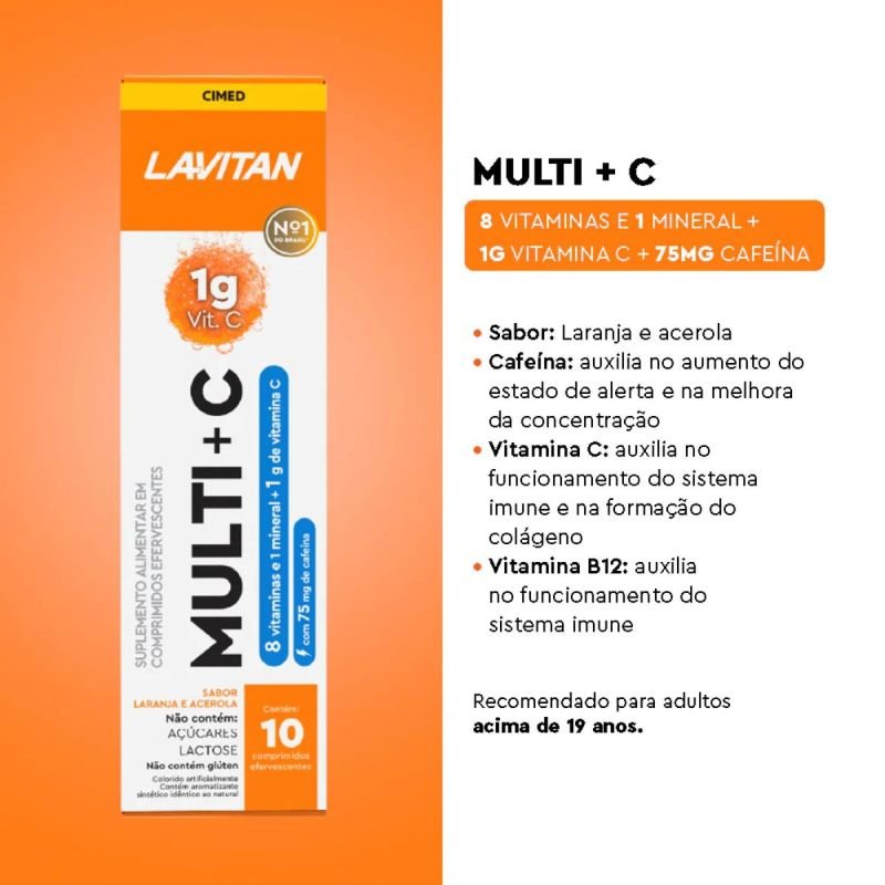Lavitan Multi + Vitamina C Sabor Laranja com Acerola Com Cafeína 10 Comprimidos Efervescentes Cimed