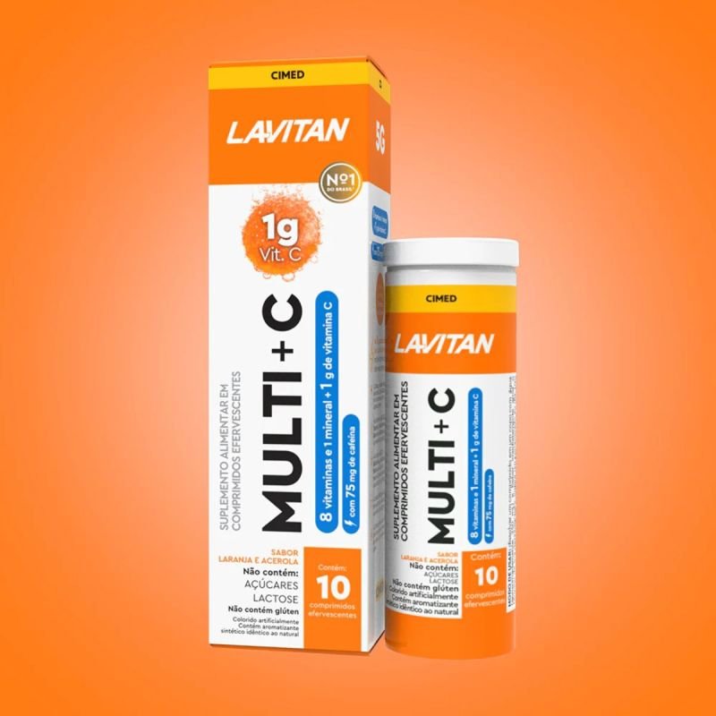 Lavitan Multi + Vitamina C Sabor Laranja com Acerola Com Cafeína 10 Comprimidos Efervescentes Cimed