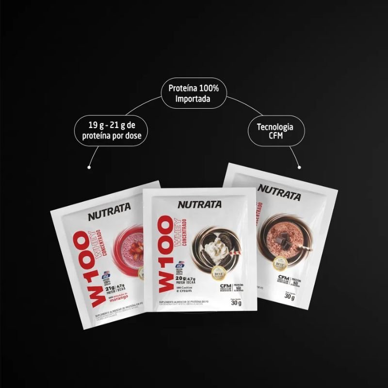W100 Whey 100% sabor Morango 30g Nutrata