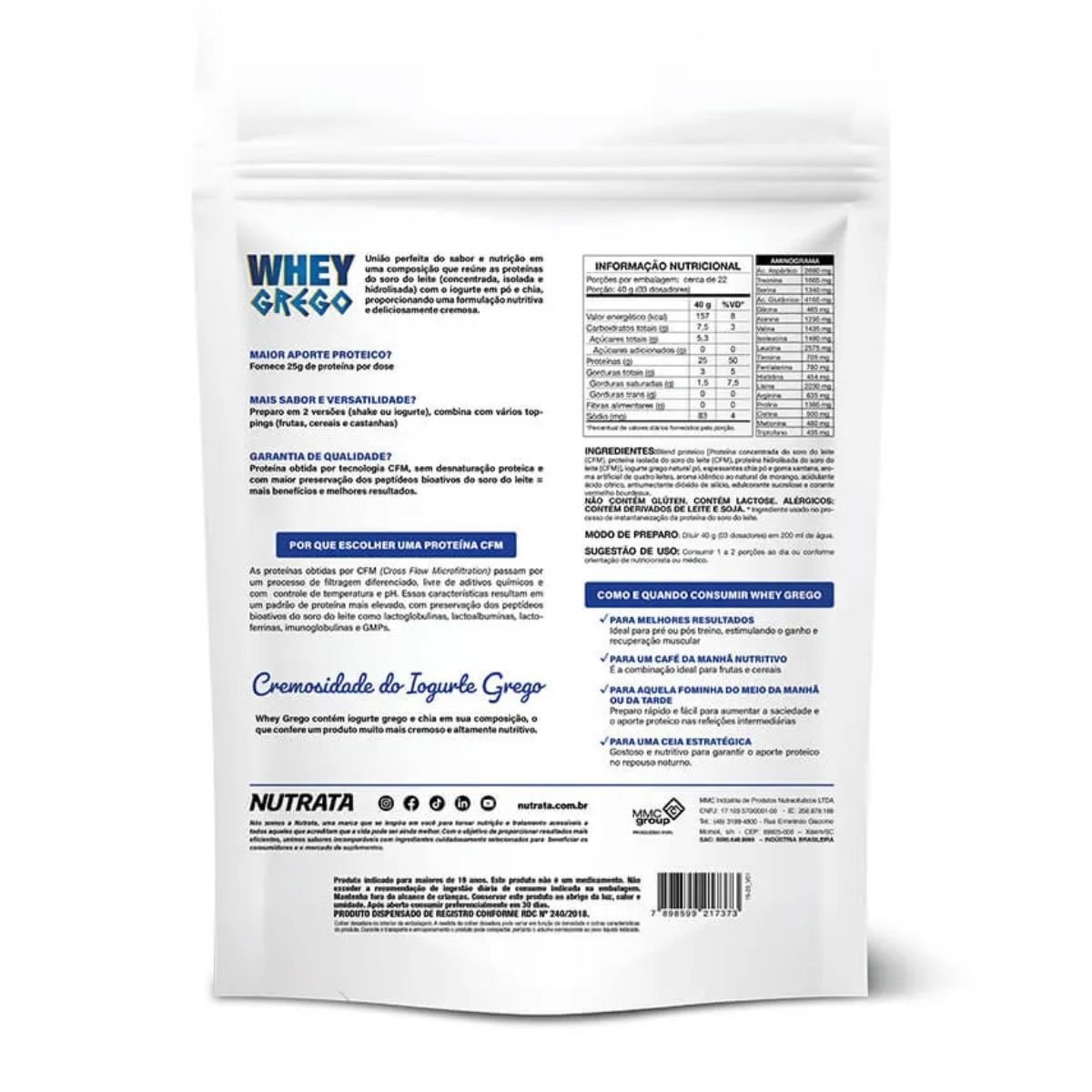Whey Grego 3W Sabor Morango com Chantilly refil de 900g Nutrata