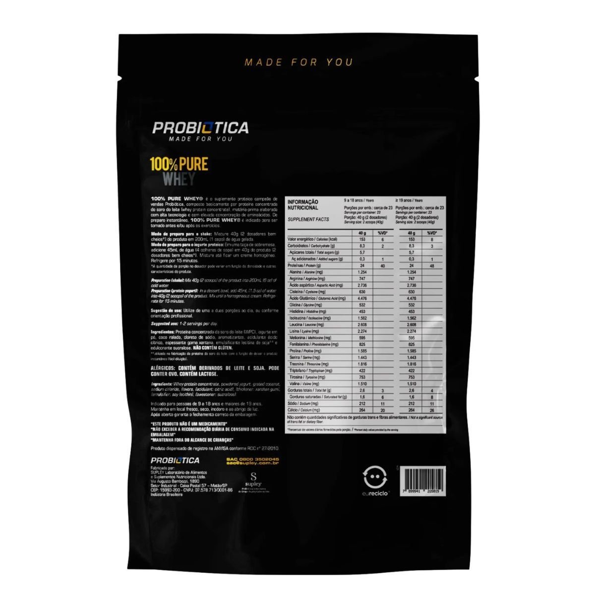 WHEY PROTEIN 100% PURE REFIL 900G PROBIOTICA