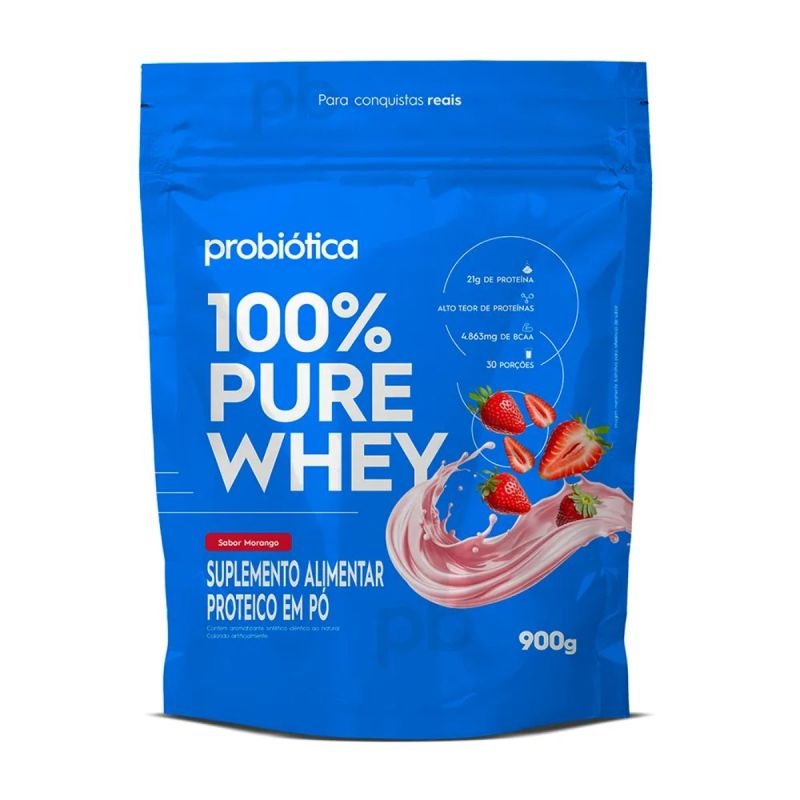 WHEY PROTEIN 100% PURE REFIL 900G PROBIOTICA SABOR MORANGO